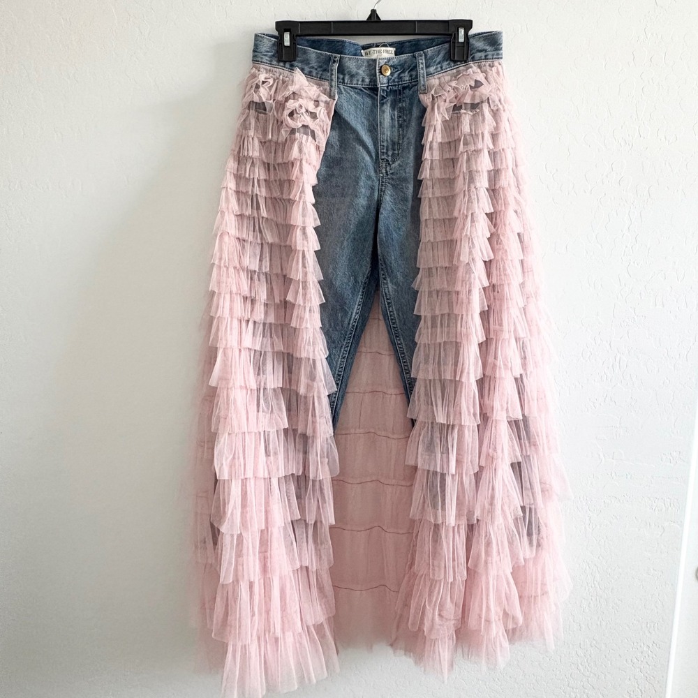 Free People We The Free Pirouette Pink Tiered Tulle Overlay Jeans Blue 28 - Picture 3 of 11